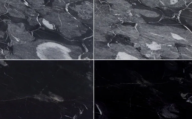 Close-up of Karyamar’s Muğla Black Marble natural stone, showcasing deep black tones and elegant white veining, perfect for luxury interiors and architectural applications