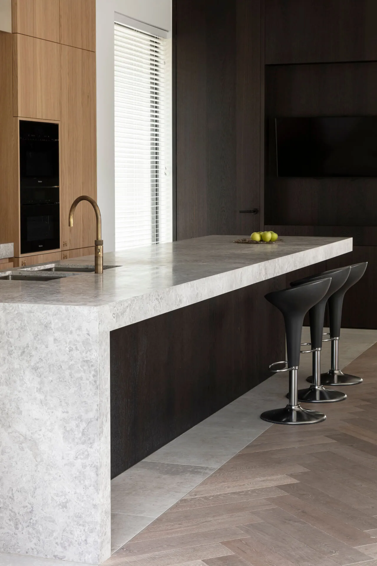 Close-up of Karyamar’s Nebula Dark Gray natural stone, showcasing deep gray tones and intricate veining, perfect for luxury interiors and architectural applications