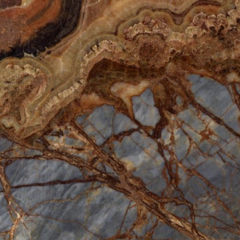 Close-up of Karyamar’s Blue Lagoon natural stone with soft blue tones and intricate veining, perfect for luxury interiors and architectural applications