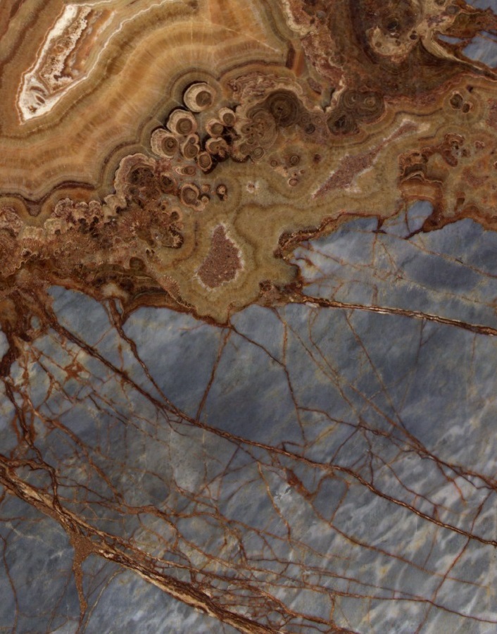 Close-up of Karyamar’s Blue Lagoon natural stone with soft blue tones and intricate veining, perfect for luxury interiors and architectural applications