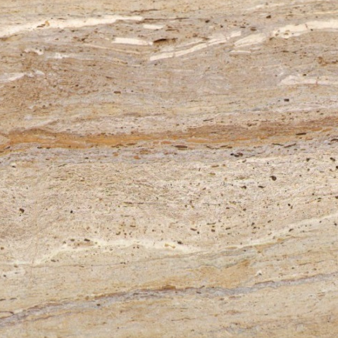 Close-up of Karyamar’s Travertine Serenade natural stone with soft beige tones and delicate veins, ideal for timeless and sophisticated designs